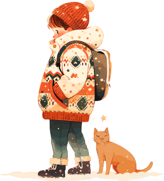 冬日男孩和猫奇妙插图