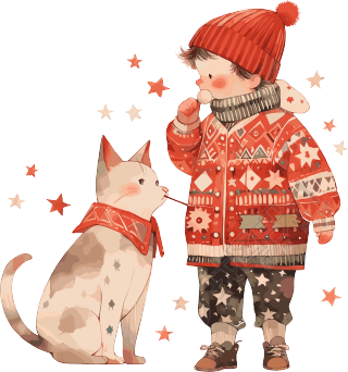 冬季小镇上的男孩和猫插画