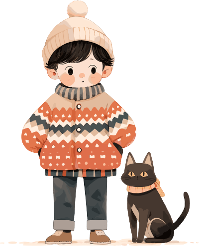 男孩和猫冬天小镇插图