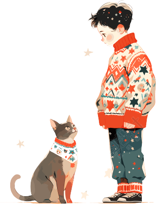 男孩和猫服装插画