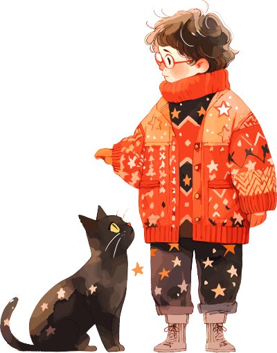 星星毛衣男孩和猫素材