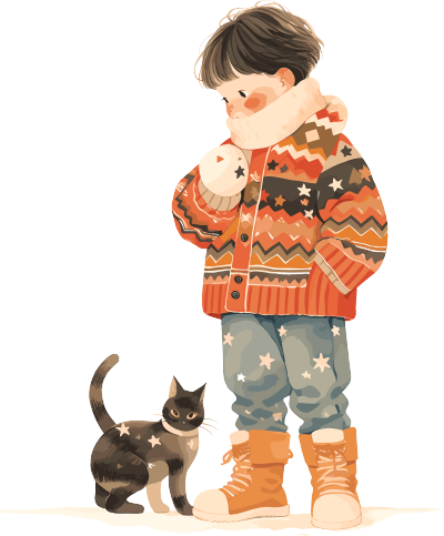 男孩和猫冬日装扮插画