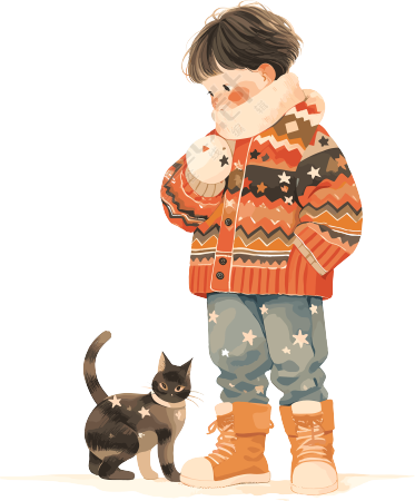 男孩和猫冬日装扮插画