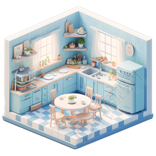 3D厨房室内微景观插画