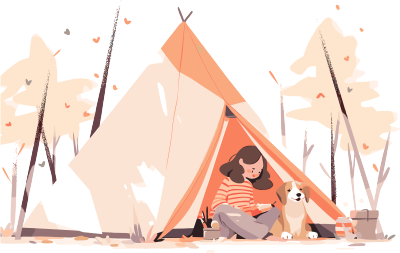 女孩狗狗露营色彩丰富的插图