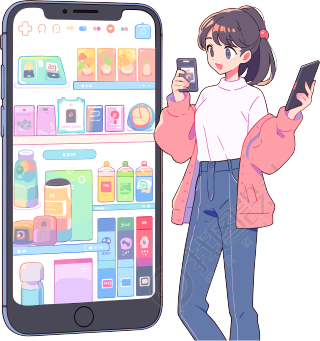 手机购物女孩彩色插画设计元素