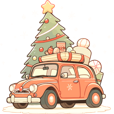 圣诞树和车卡通风格设计插画