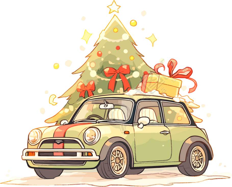 圣诞树和车卡通贴纸插画