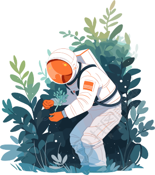 宇航员和植物明亮清爽2D图形插画
