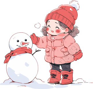 堆雪人的小女孩穿着羽绒服素材