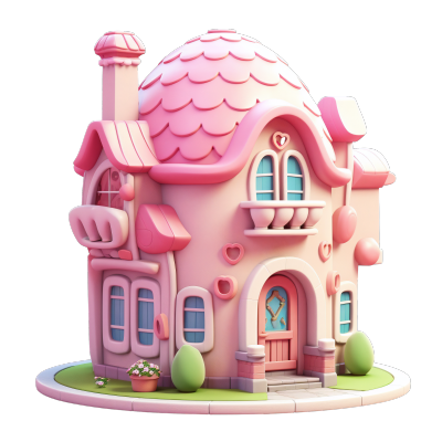 3D粉色小房子卡通插图