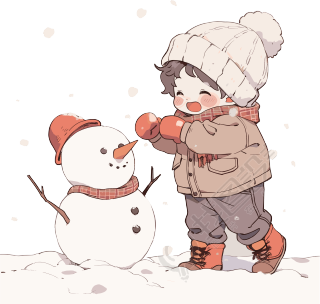 堆雪人的小男孩穿着冬装插画