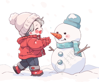 堆雪人的小男孩冬季服装插画