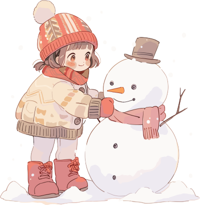 堆雪人的小女孩欢快雪天插画