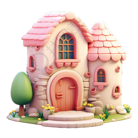 3D粉色小房子元素