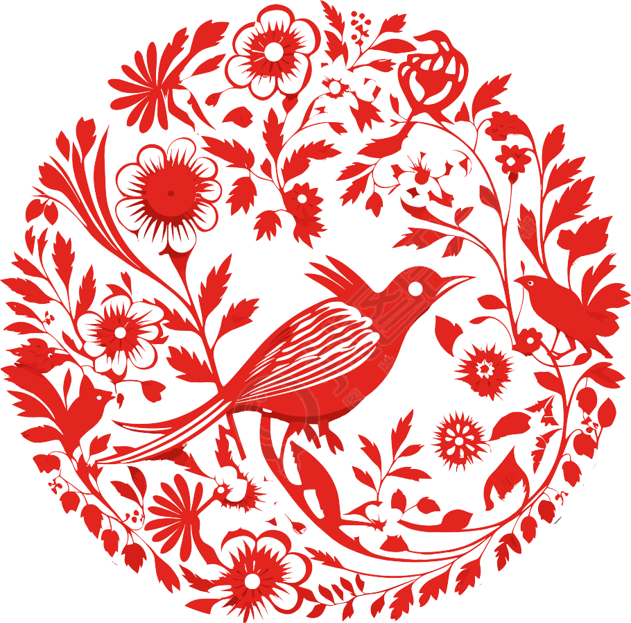 红色剪纸简约花鸟素材