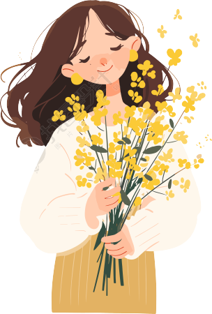 抱着花的女生插画素材