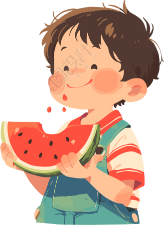 吃西瓜的小孩扁平插画