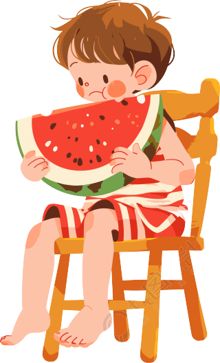 夏天乘凉吃西瓜的小男孩插画