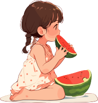 女孩吃西瓜插画
