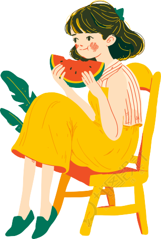 吃西瓜的少女平面插画
