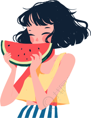 女孩吃西瓜甜美插画