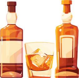 三种不同的威士忌和一个玻璃杯的扁平插画