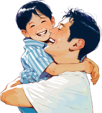 亚洲父亲和儿子彩色铅笔插画