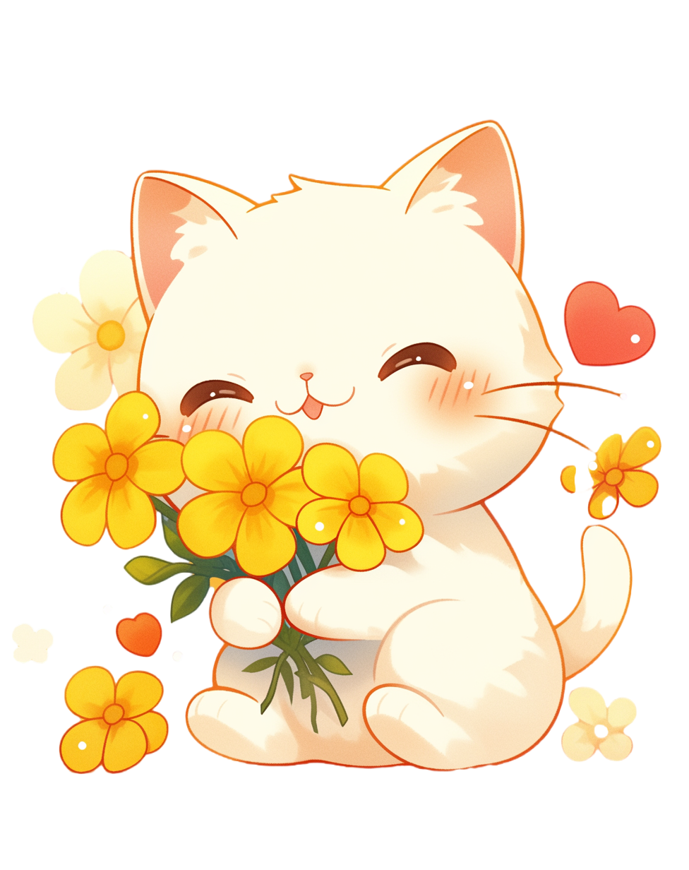 猫咪鲜花透明背景素材