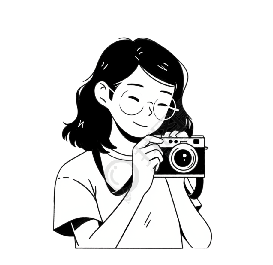 女生拍照黑白线条插图