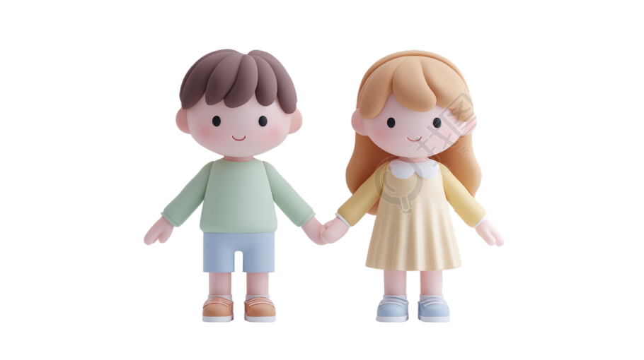 儿童手牵手3D插图