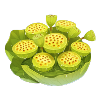 粉绿色荷叶上的蓝莲花果实切块PNG插图