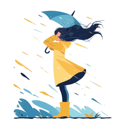 暴雨天打伞女孩元素