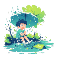 小男孩暴雨中撑伞素材