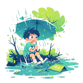 小男孩雨中撑伞