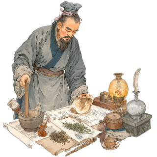 古代中医医生用草药研磨器材图形素材