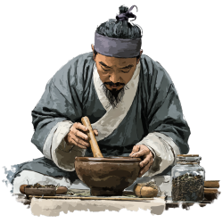 古代中医医生用木臼捣药高清PNG图素材