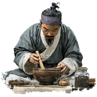 古代中医医生用木臼捣药高清PNG图素材