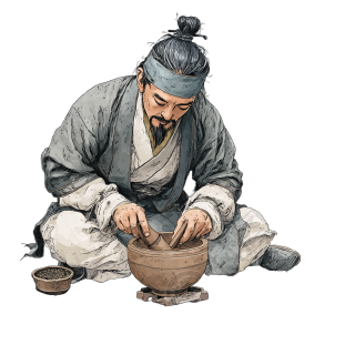 古代中医用草药研磨图