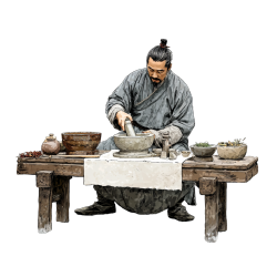 古代中医医生用木臼捣草药图形素材