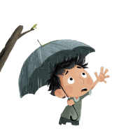 暴风雨打伞男生卡通插图