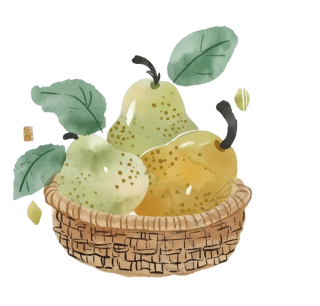 手绘三个绿梨竹篮插图