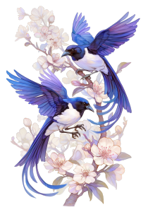 蓝白喜鹊梅花插画