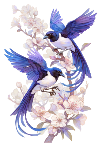 蓝白喜鹊梅花插画