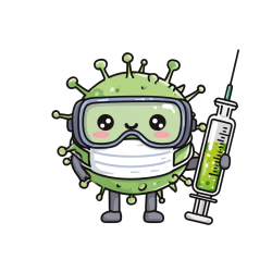 卡通角色戴口罩手套，拿着青色药液注射器，被小彩色病毒包围