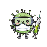卡通角色戴口罩手套，拿着青色药液注射器，被小彩色病毒包围