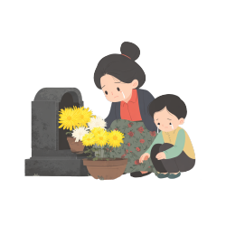 母子献花墓前