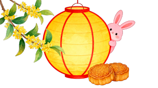 大黄灯笼与可爱粉色兔子插画