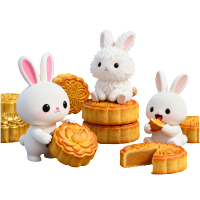三只可爱的白兔与月饼互动