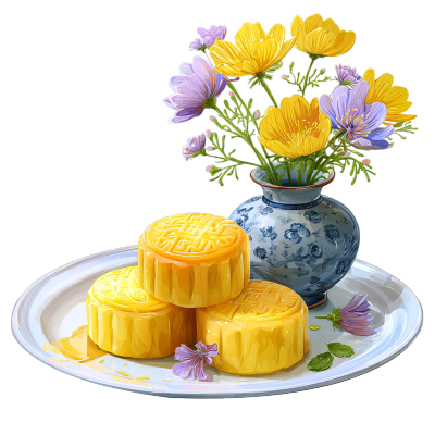 白瓷盘上的月饼插画